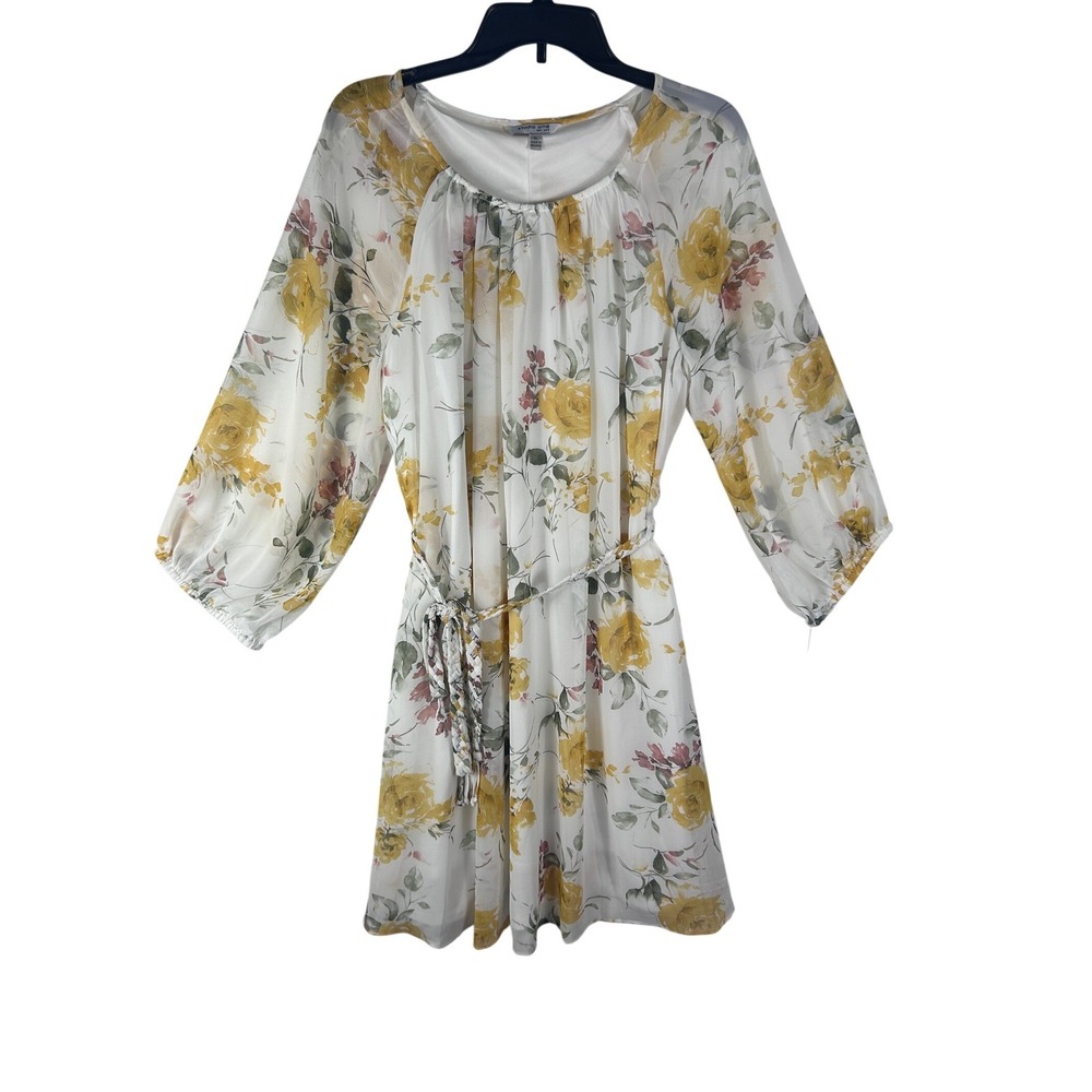 Studio One New York Floral Chiffon Dress XL‎ White Yellow 3/4 Sleeve 77114JP NWT